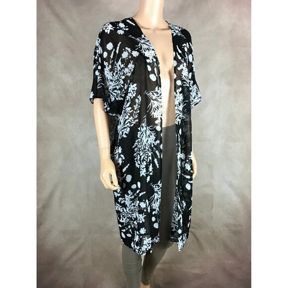 CALVIN KLEIN Black/White Floral Chiffon Cover-up Kimono NWT 4 - Picture 9 of 16